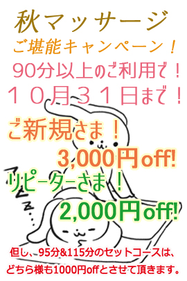 10月31日まで 『秋マッサージ♡ご堪能キャンペーン!』ご新規様はLINE登録で初回と2回目3千円割引!|限定クーポン